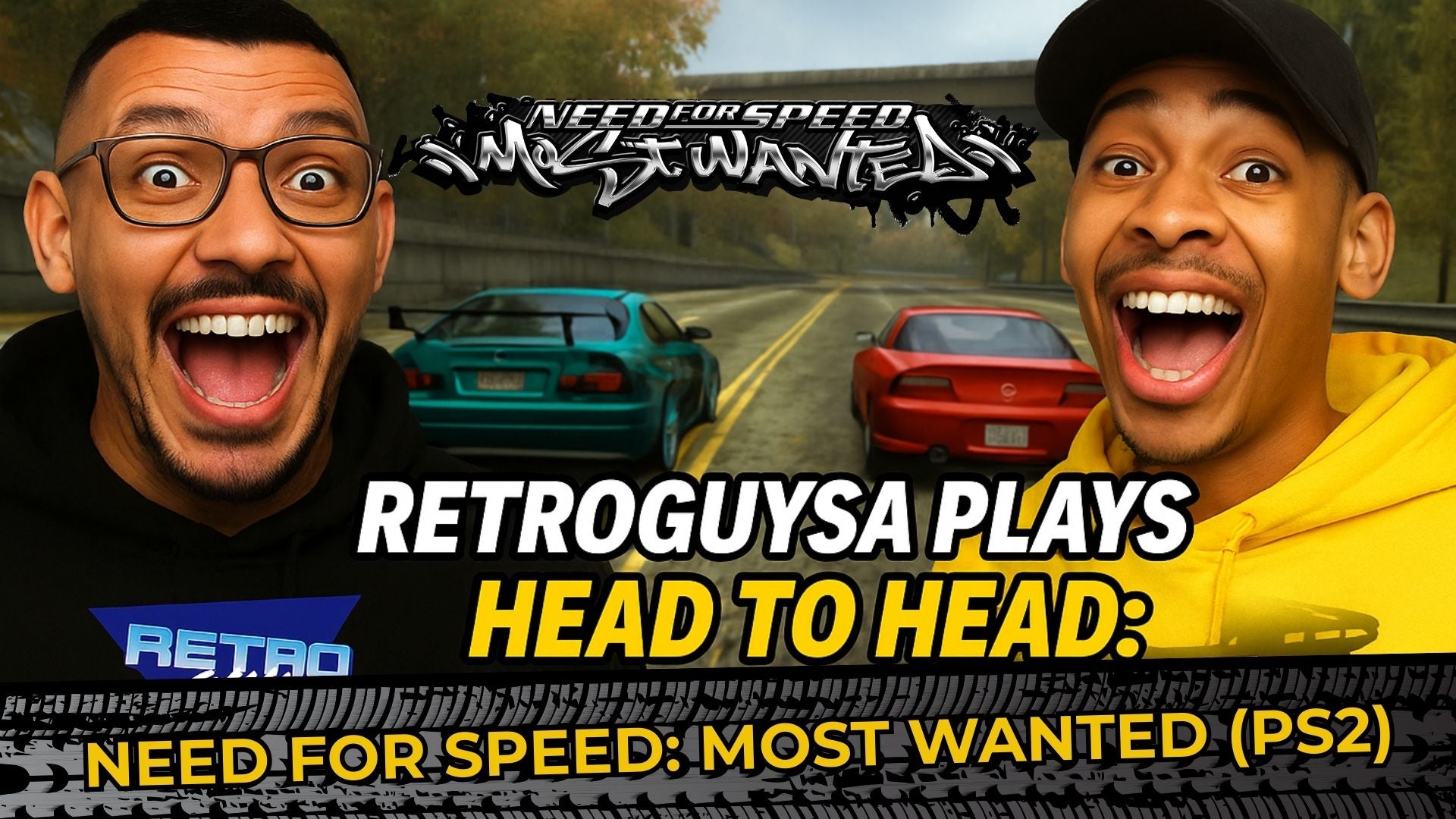 Load video: A 19-minute and 22-second split-screen gameplay video of the retro racing game, Need for Speed: Most Wanted, played on a PlayStation 2. Two players, Harland and Marvin, race using different cars, discussing their struggles with a "buggy" Golf GTI and their strategy for a drag race. The hosts mention that the video is part of a weekly gaming series featuring games from their store.